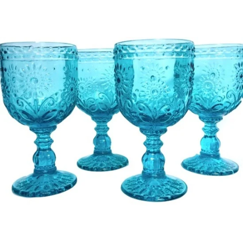 4-pack Wine Glasses Turquoise Vintage Embossed Design with Textured Floral Pattern